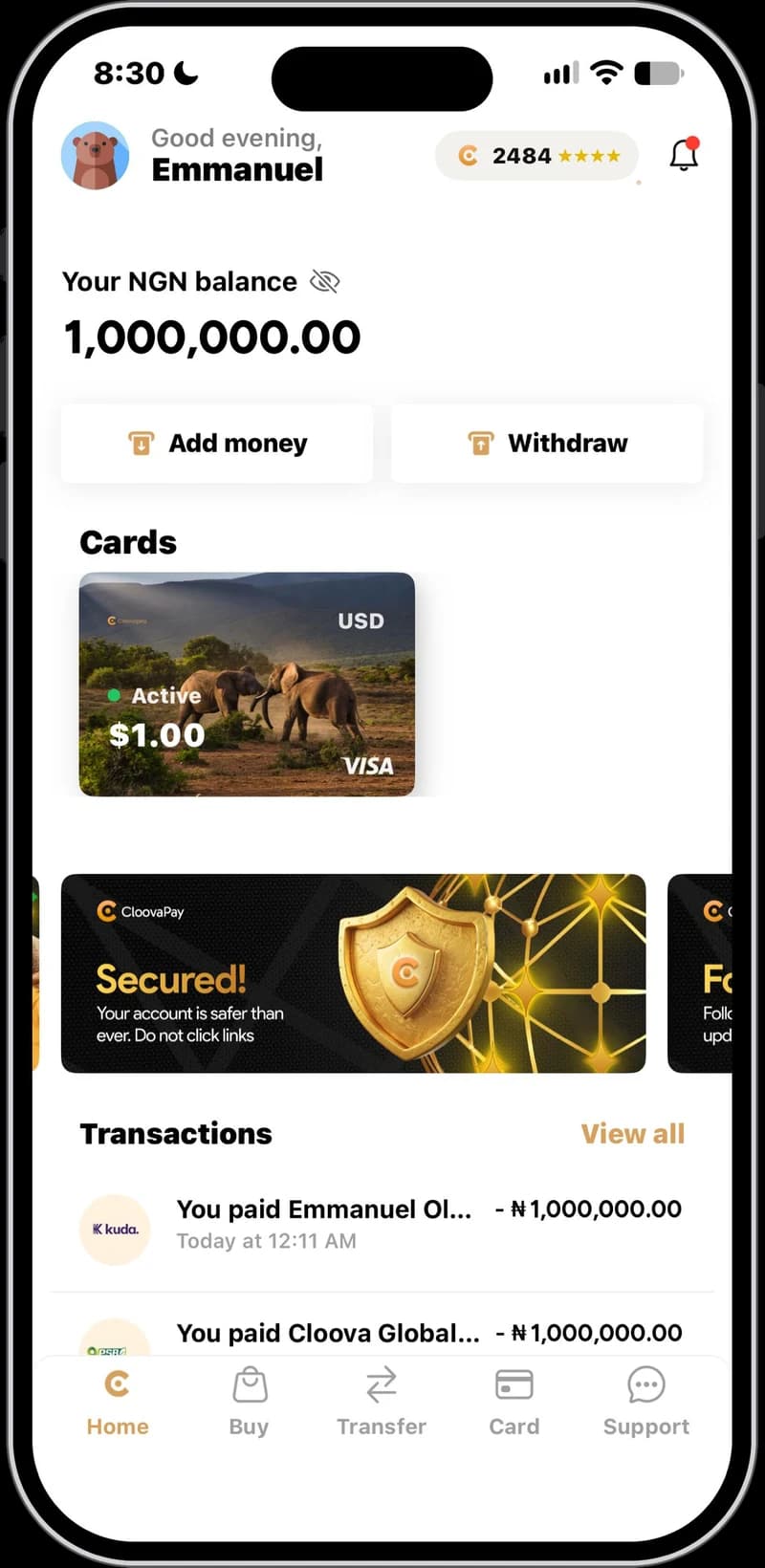 The CloovaPay app home screen with wallet balance, a USD virtual card and recent transactions